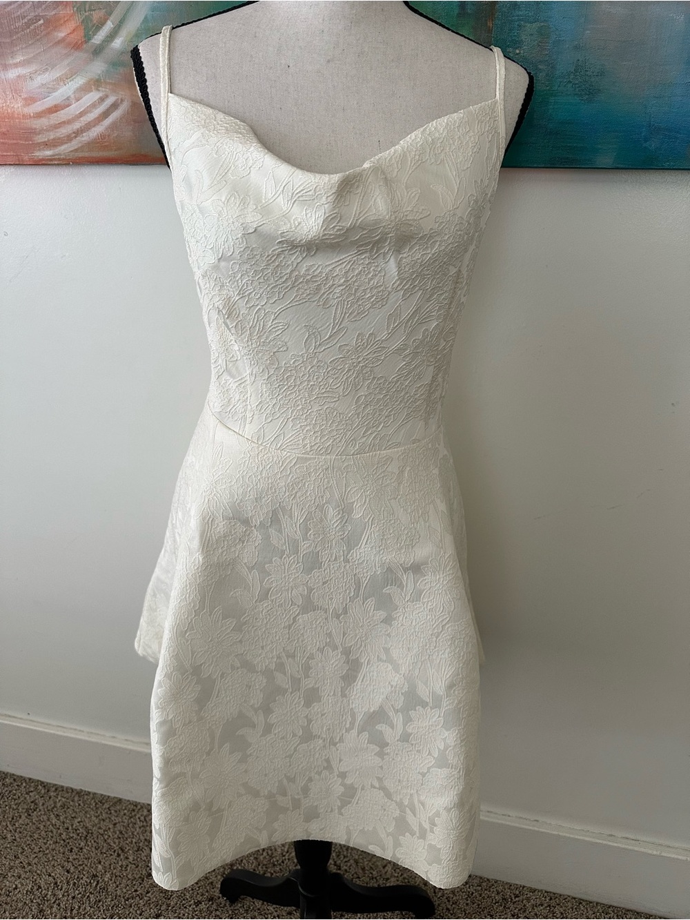 Cider NWT Floral Jacquard Cowl Neck Lace Back Mini Dress Size L